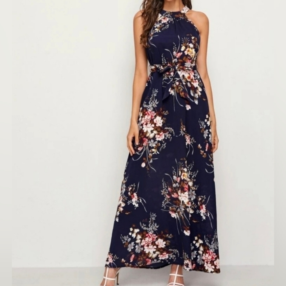 Halter Floral Navy Maxi Dress